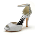Srebrne brokatowe buty na wysokim obcasie Peep Toe z kryształową ozdobą
