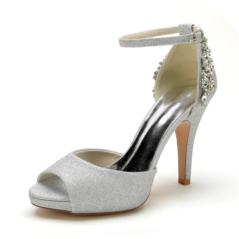 Srebrne brokatowe buty na wysokim obcasie Peep Toe z kryształową ozdobą