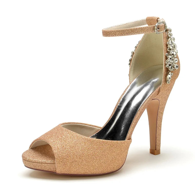 Srebrne brokatowe buty na wysokim obcasie Peep Toe z kryształową ozdobą