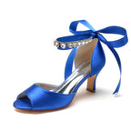 Satynowe buty ślubne peep toe z wiązaniem i kryształkami