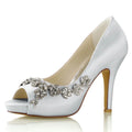 Eleganckie szpilki ślubne peep toe z kryształkami – srebrzysta biel