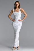 SUKIENKA MAXI SHEA ELEGANT CONTOUR SQUARE NECK Z PERŁAMI I BANDAGE
