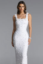 SUKIENKA MAXI SHEA ELEGANT CONTOUR SQUARE NECK Z PERŁAMI I BANDAGE