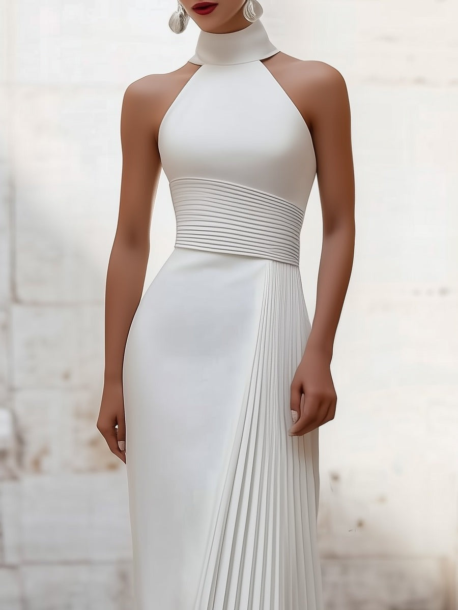 Elegancka plisowana satynowa suknia wieczorowa z dekoltem halter