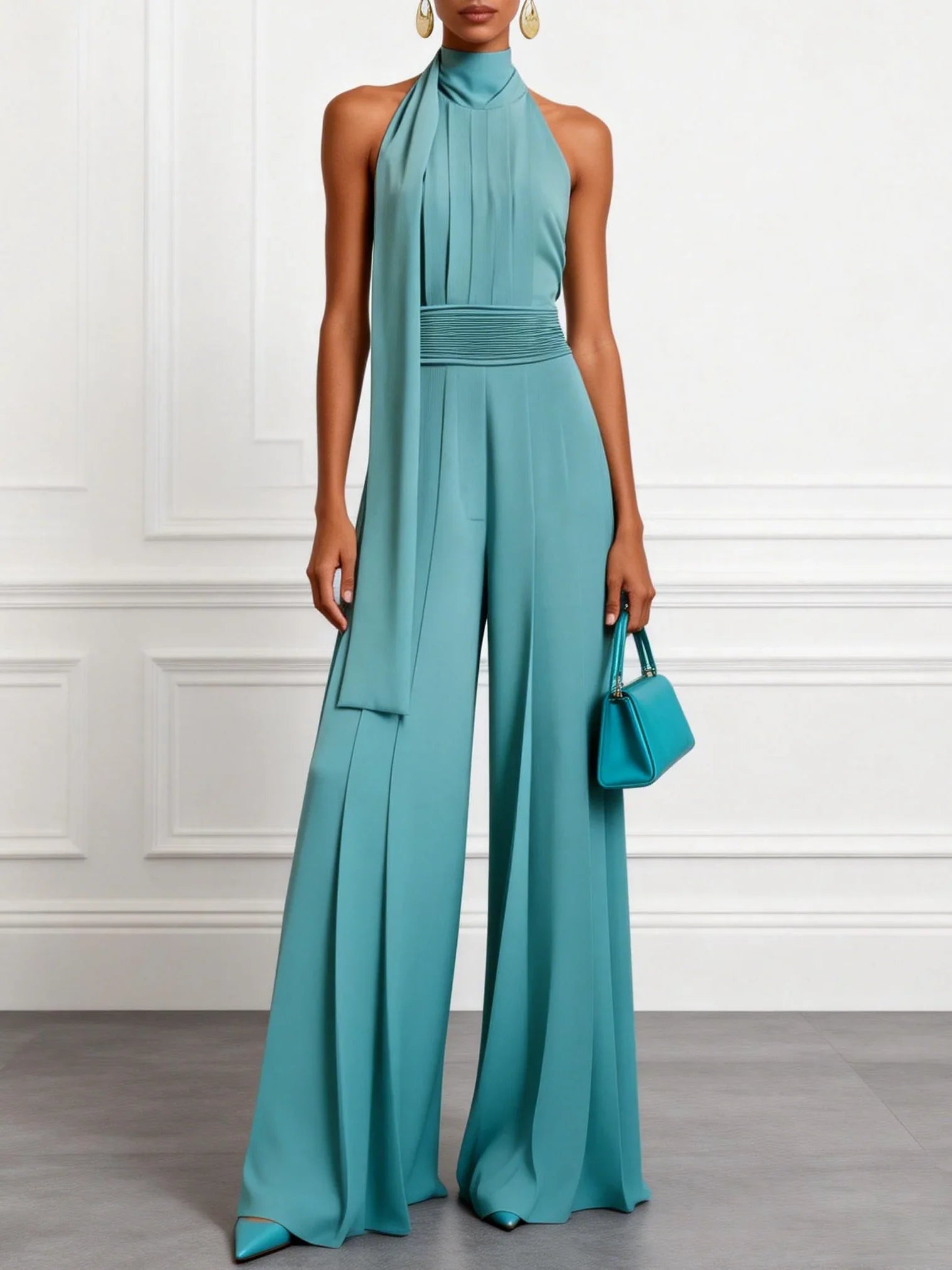 ELEGANCKI KOMBINEZON DAMSKI CYJANOWY HALTER MARSZCZONY SZEROKIE NOGAWKI