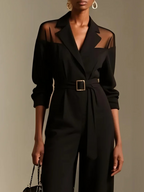 CZARNY KOMBINEZON DAMSKI SIATECZKA KOŁNIERZYK Z KLAPAMI DŁUGI RĘKAW US 4–8