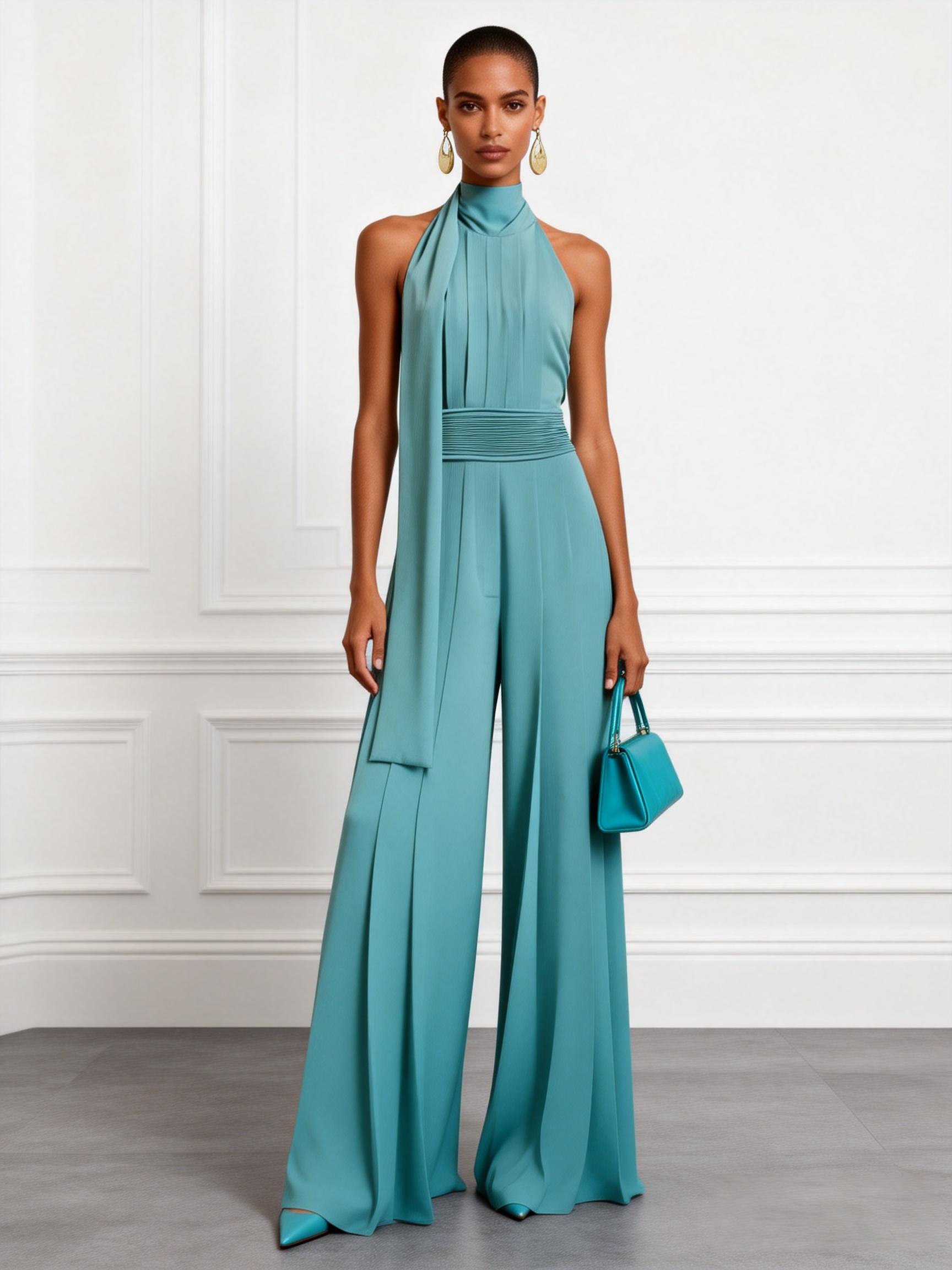 ELEGANCKI KOMBINEZON DAMSKI CYJANOWY HALTER MARSZCZONY SZEROKIE NOGAWKI