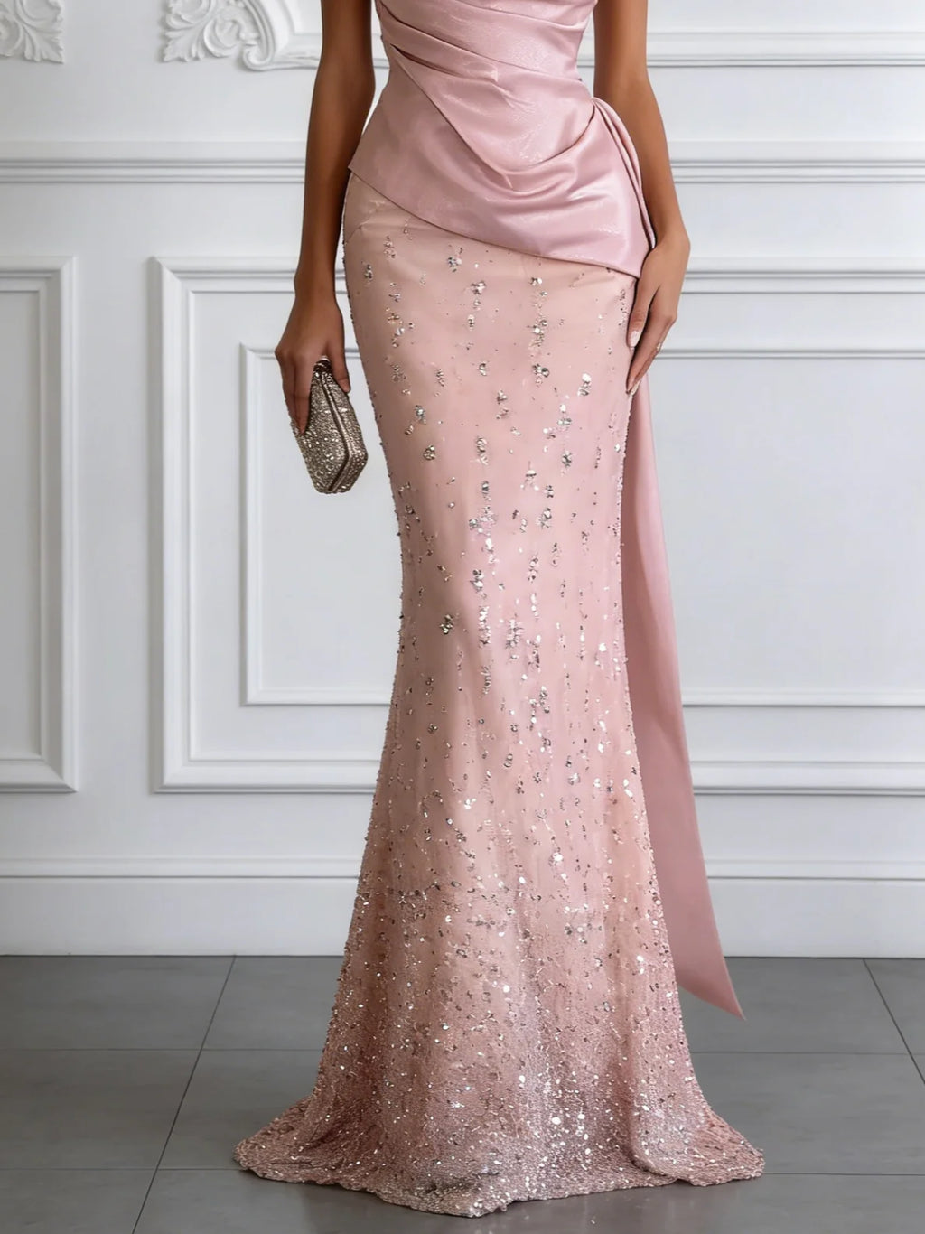 RÓŻOWA ELEGANCKA SUKIENKA MAXI JEDNO RAMIĘ CEKINY SYRENKA NA WESELE