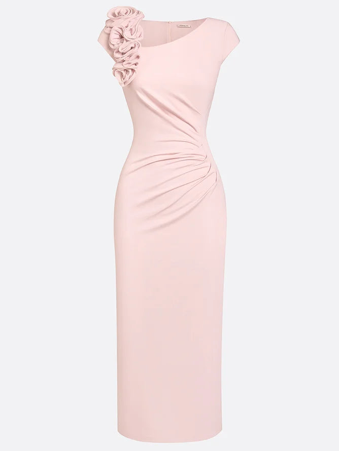 Różowa sukienka midi bodycon z kwiatami 3D i marszczeniami