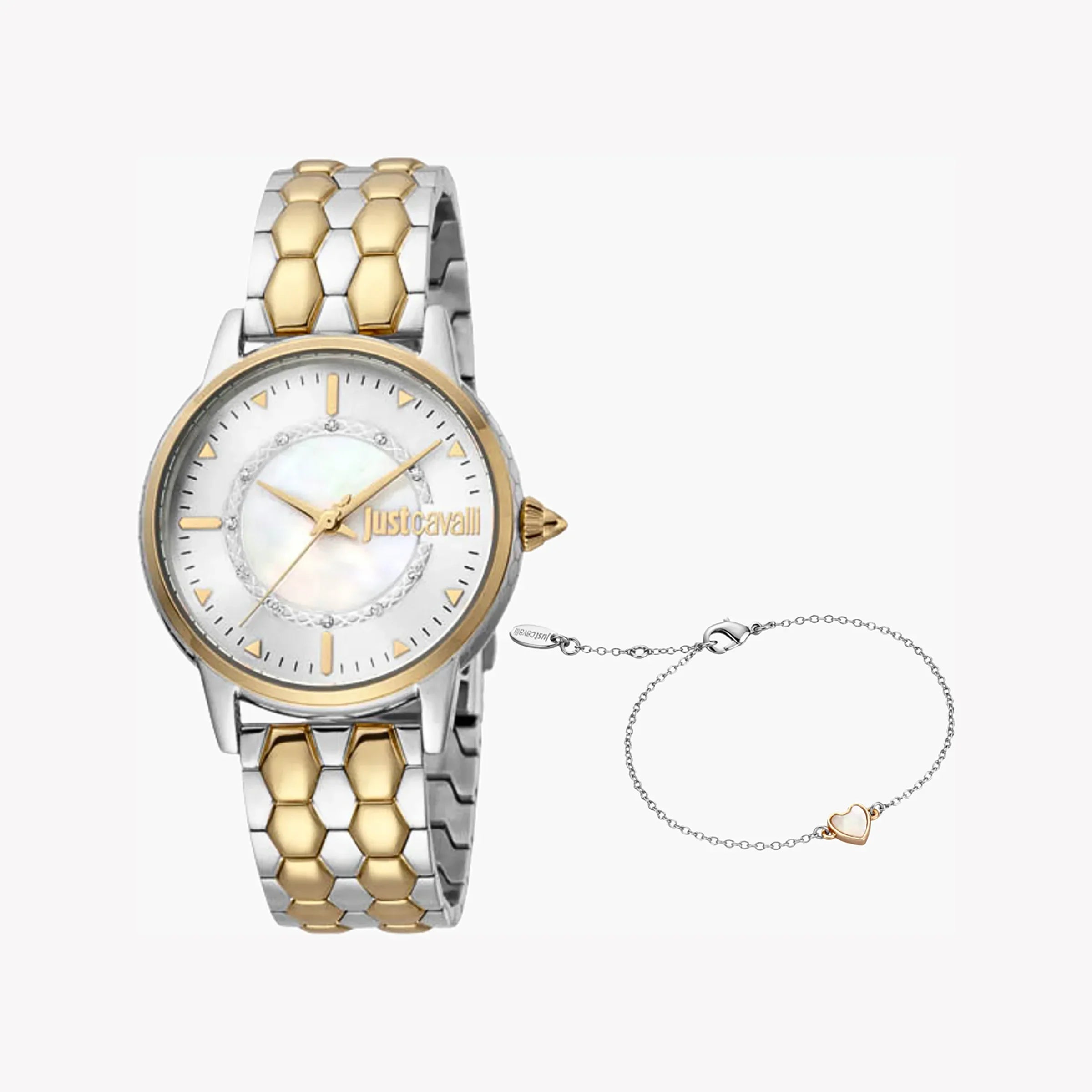 Just Cavalli Women's Silver & Gold Watch, White Dial | Jc1l149m0075