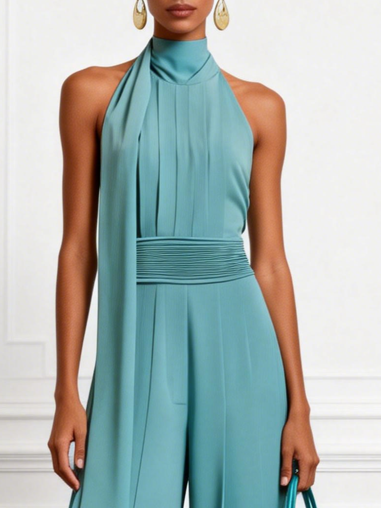 ELEGANCKI KOMBINEZON DAMSKI CYJANOWY HALTER MARSZCZONY SZEROKIE NOGAWKI