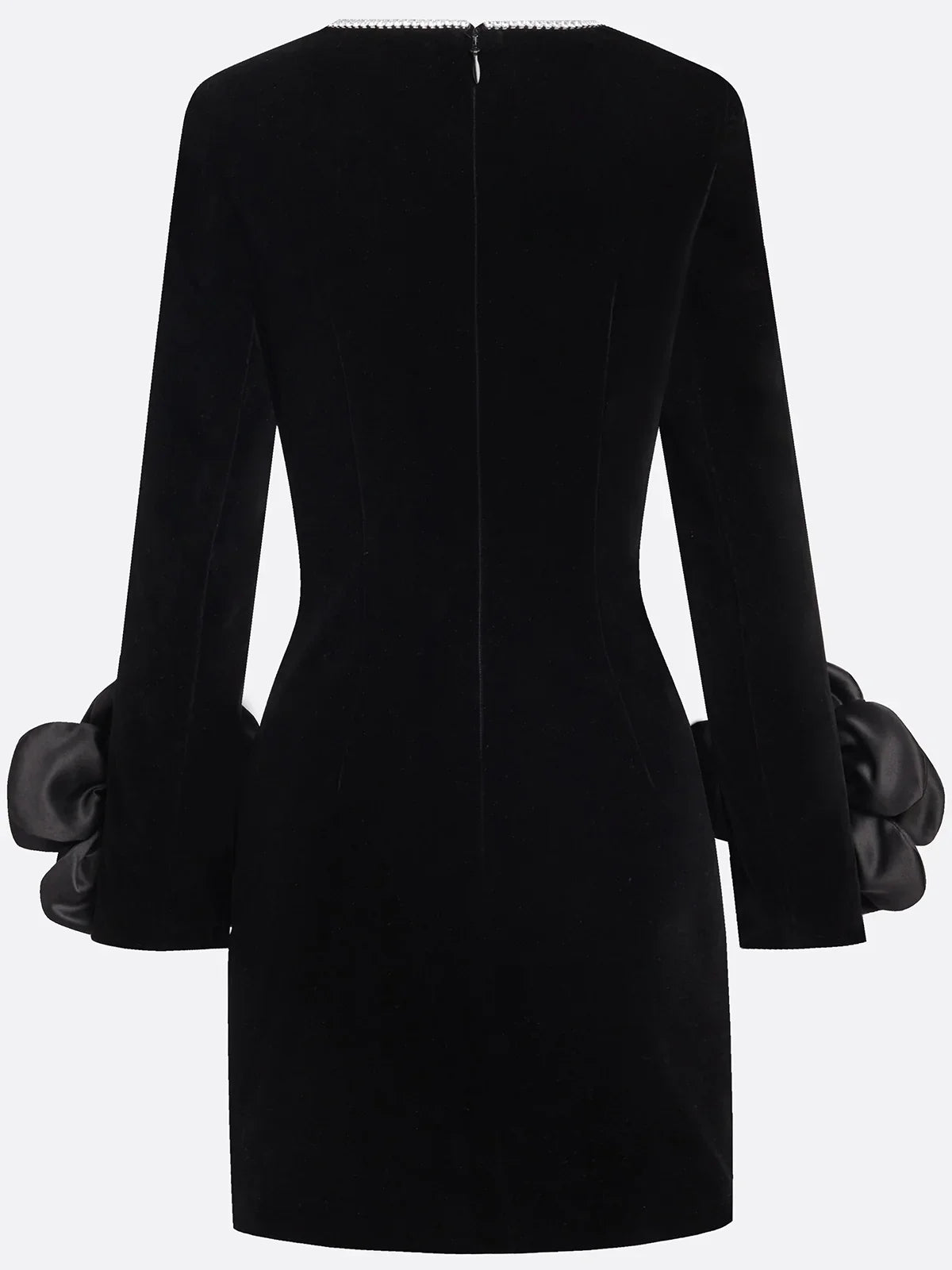 CZARNA SUKIENKA MINI WELUROWA 3D KWIATY KRYSZTAŁKI DŁUGI RĘKAW