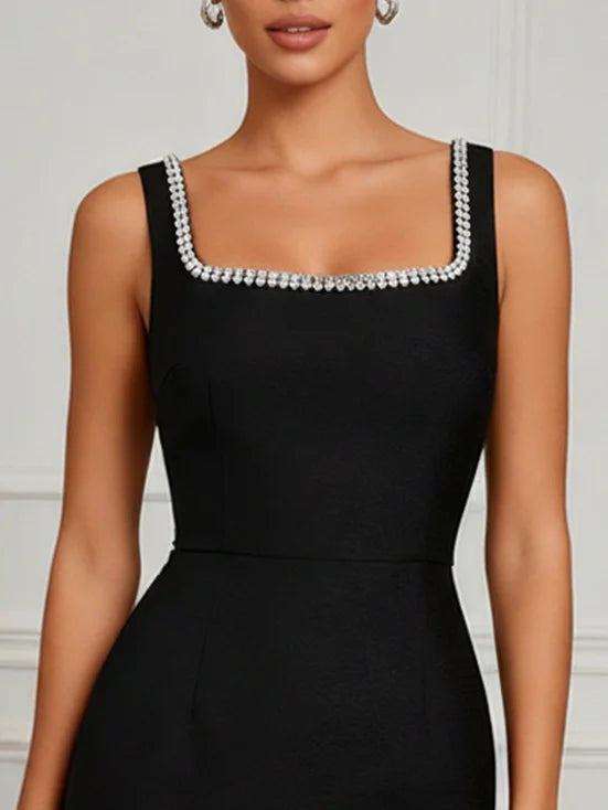 Czarna sukienka midi bodycon z kwadratowym dekoltem