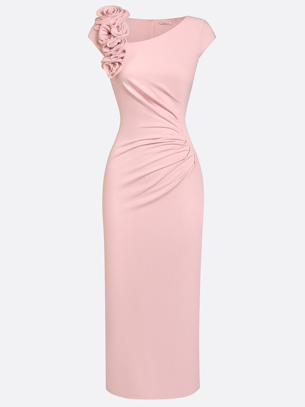 Różowa sukienka midi bodycon z asymetrycznym dekoltem, marszczeniem i kwiatem 3D (Kopia)
