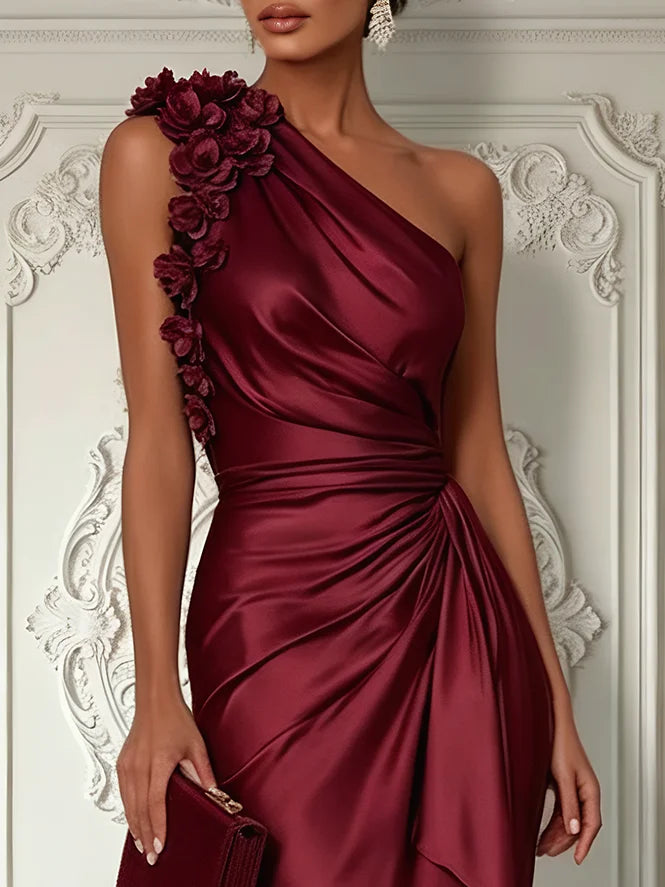 Sukienka wieczorowa maxi Champagne 3D Flower – satynowa, na jedno ramię (Kopia)