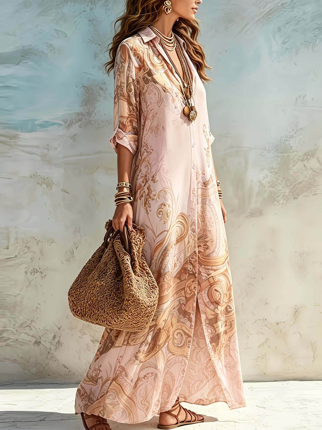 JASNONIEBIESKA SUKIENKA MAXI W STYLU BOHO Z GUZIKAMI