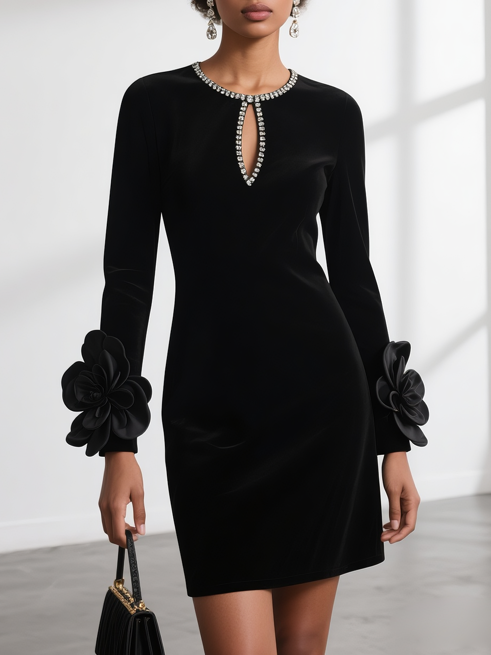CZARNA SUKIENKA MINI WELUROWA 3D KWIATY KRYSZTAŁKI DŁUGI RĘKAW