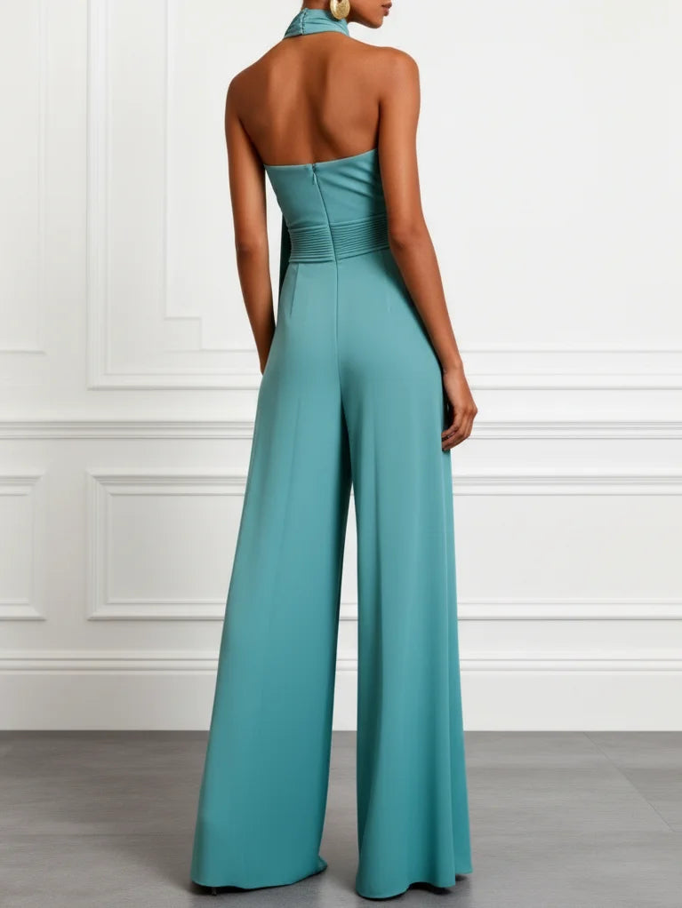 ELEGANCKI KOMBINEZON DAMSKI CYJANOWY HALTER MARSZCZONY SZEROKIE NOGAWKI