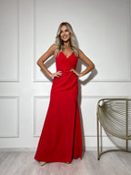 Flowing Cherry Red Maxi Dress — Draped Wrap Bodice & Open Back