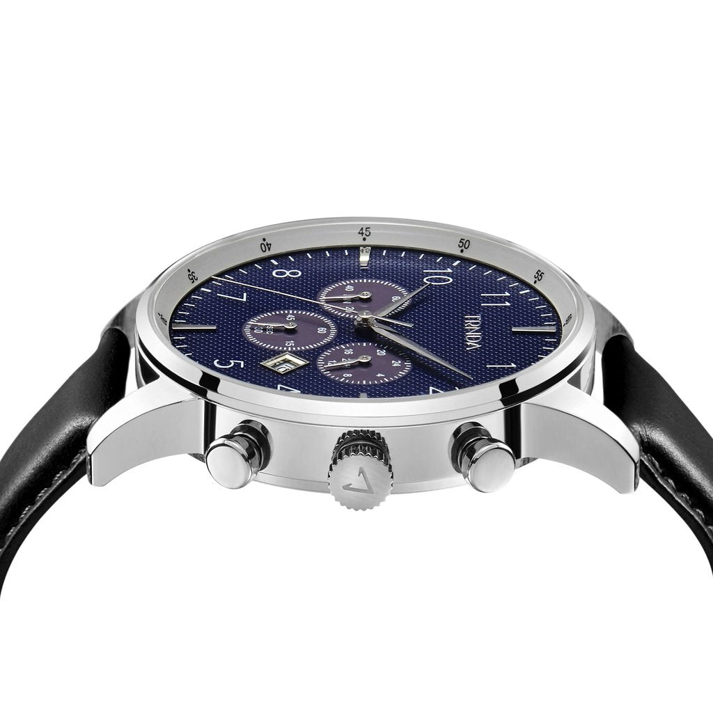 Trnda Men's Stainless Steel Watch, Black Leather Band | Trn-43db