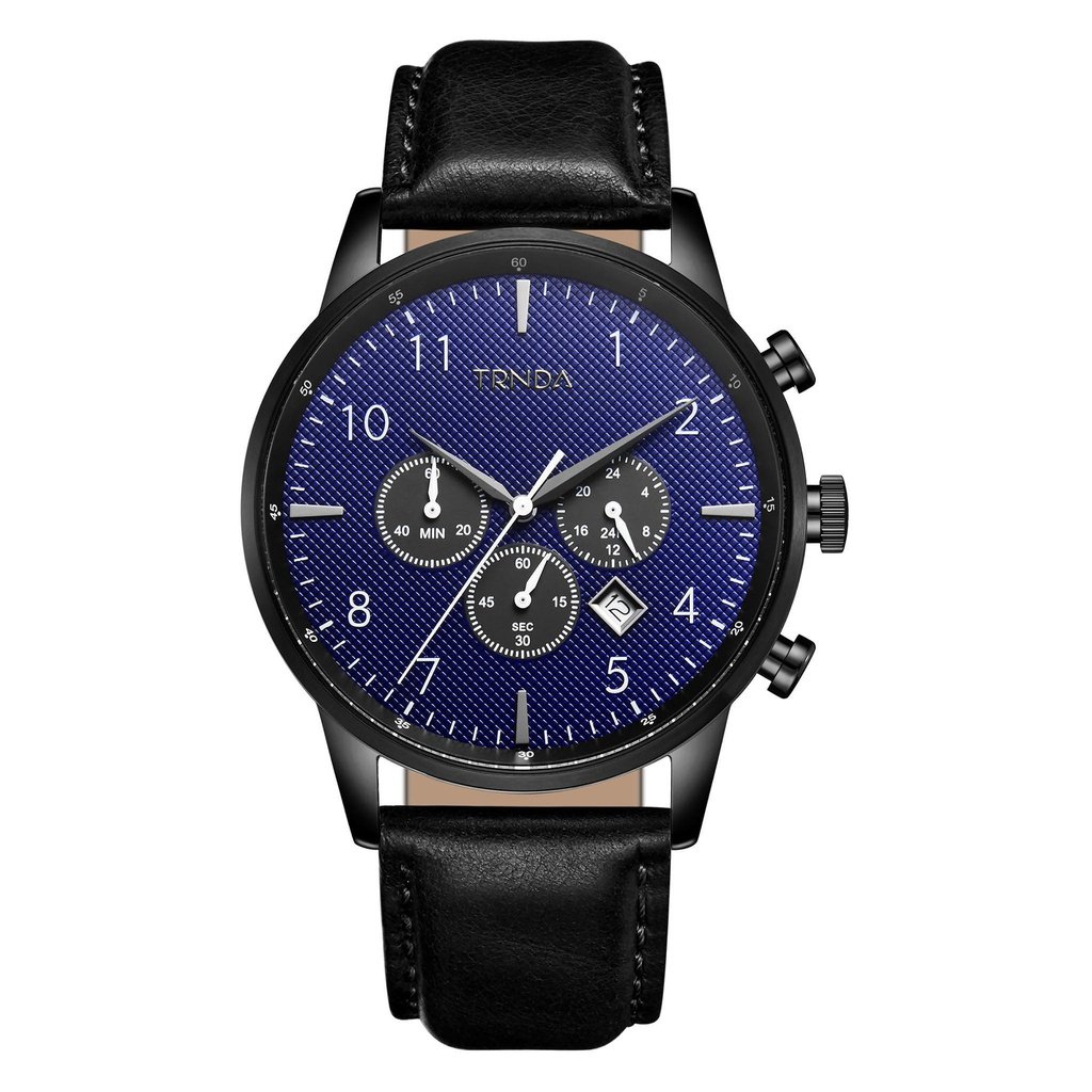 Trnda Men's Stainless Steel Watch, Black Leather Band | Trnda-43bl