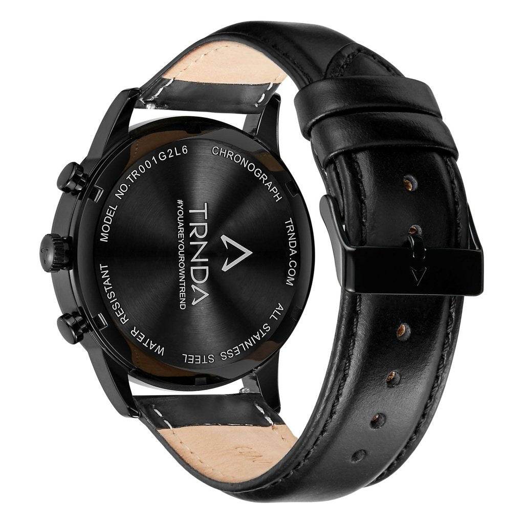 Trnda Men's Stainless Steel Watch, Black Leather Band | Trnda-43bl