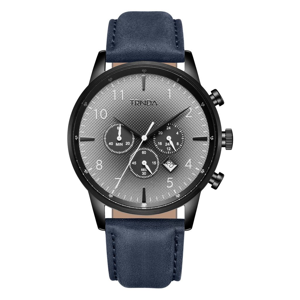 Trnda Men's Black Stainless Steel Watch, Blue Leather Band | Trnda43bl