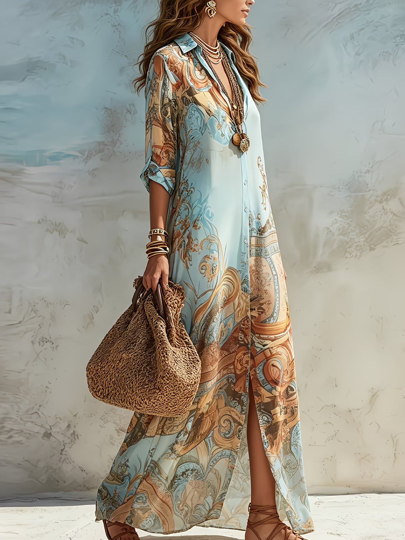 JASNONIEBIESKA SUKIENKA MAXI W STYLU BOHO Z GUZIKAMI