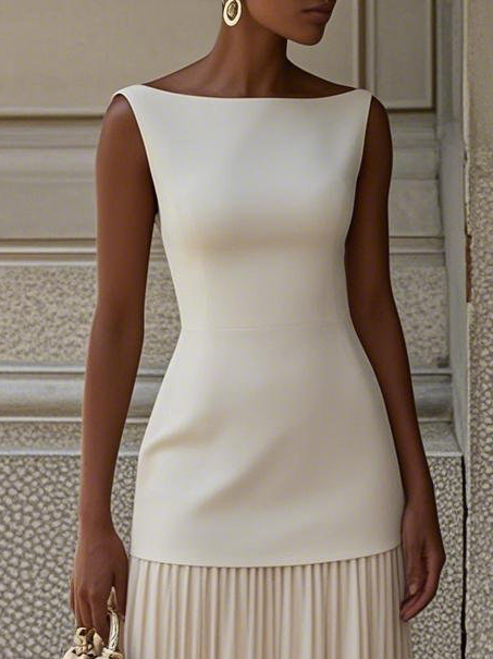 BIAŁA SUKIENKA MAXI PLISOWANA ECRU DEKOLT ŁÓDKA BEZ RĘKAWÓW US 2–14