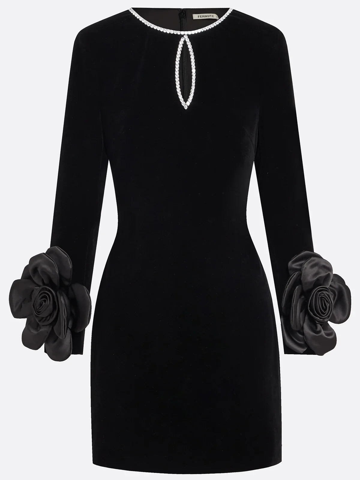 CZARNA SUKIENKA MINI WELUROWA 3D KWIATY KRYSZTAŁKI DŁUGI RĘKAW