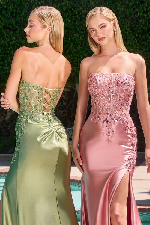 Crystal Strapless Fitted Satin Dress