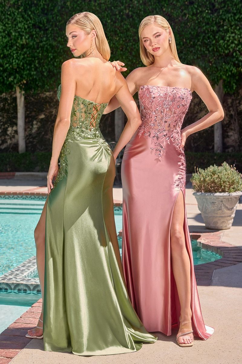 Crystal Strapless Fitted Satin Dress