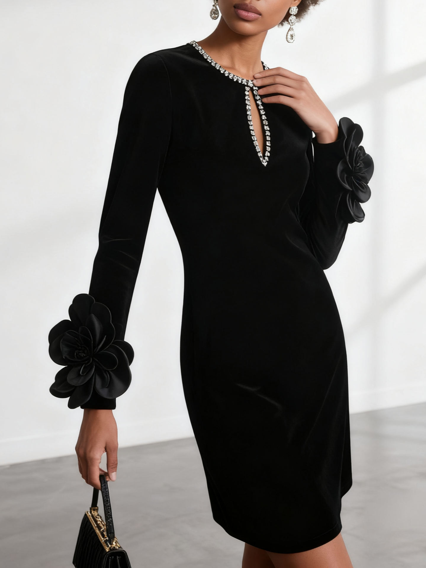 CZARNA SUKIENKA MINI WELUROWA 3D KWIATY KRYSZTAŁKI DŁUGI RĘKAW
