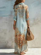 JASNONIEBIESKA SUKIENKA MAXI W STYLU BOHO Z GUZIKAMI