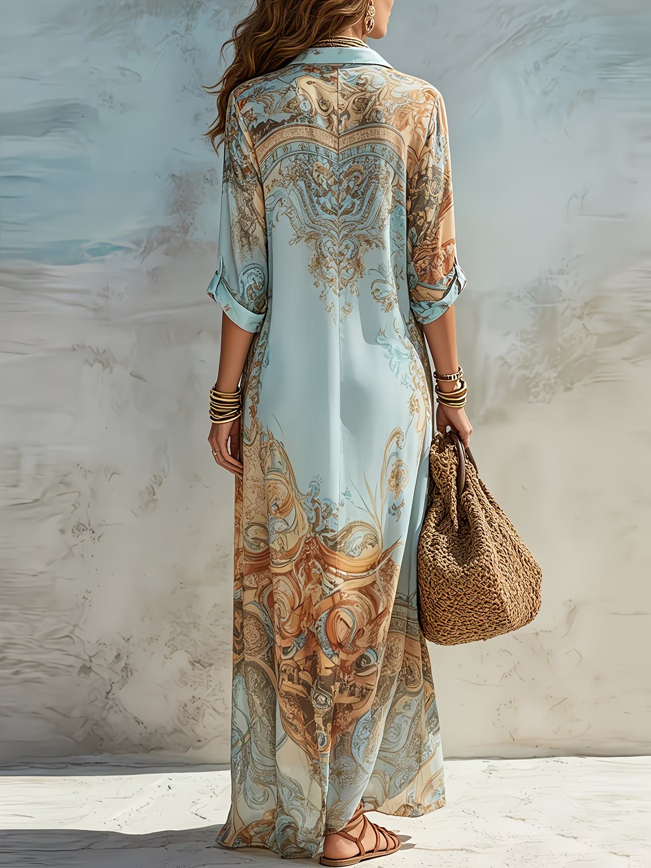 JASNONIEBIESKA SUKIENKA MAXI W STYLU BOHO Z GUZIKAMI