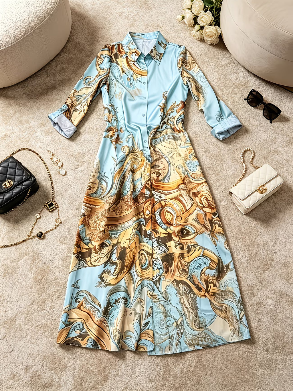 JASNONIEBIESKA SUKIENKA MAXI W STYLU BOHO Z GUZIKAMI