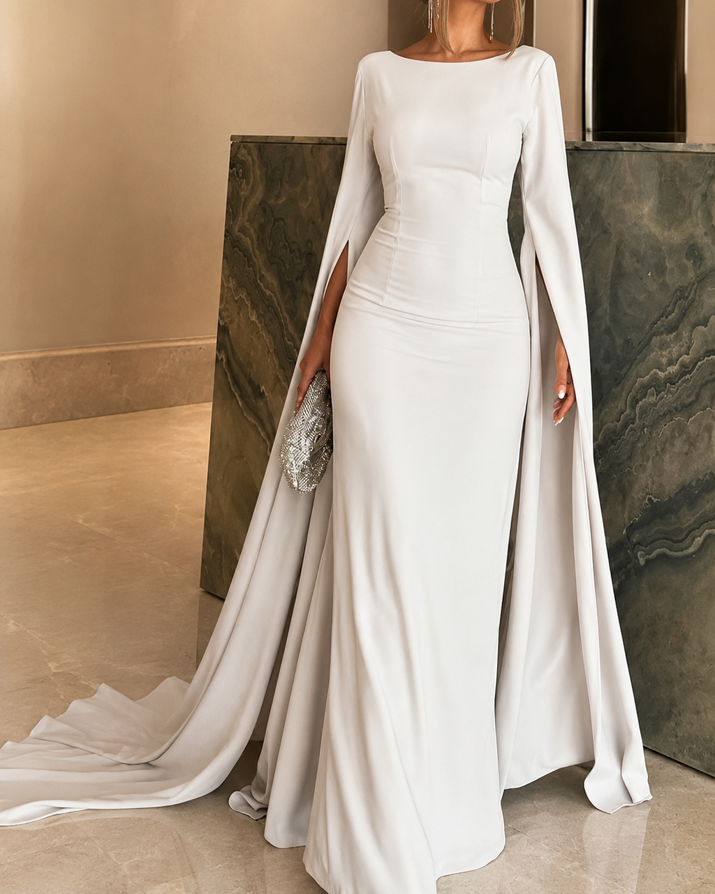 Prosta elegancka suknia wieczorowa z pelerynowymi rękawami