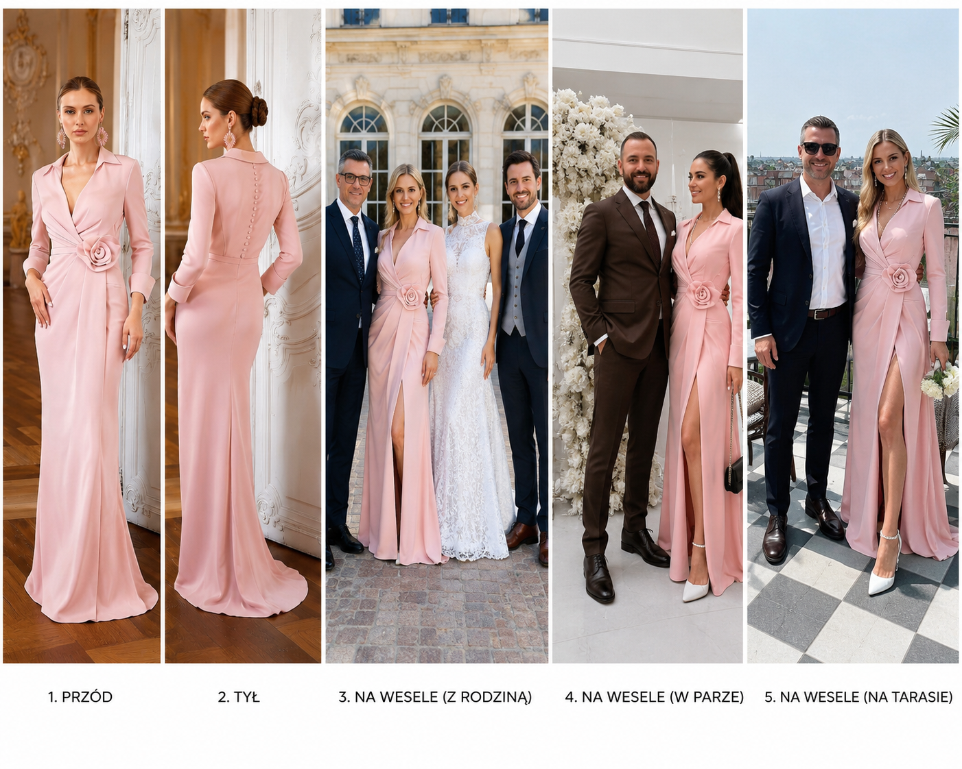 ELEGANCKA DŁUGA SUKIENKA WIECZOROWA CUKIERKOWY RÓŻ Z DEKOLTEM V I KWIATEM
