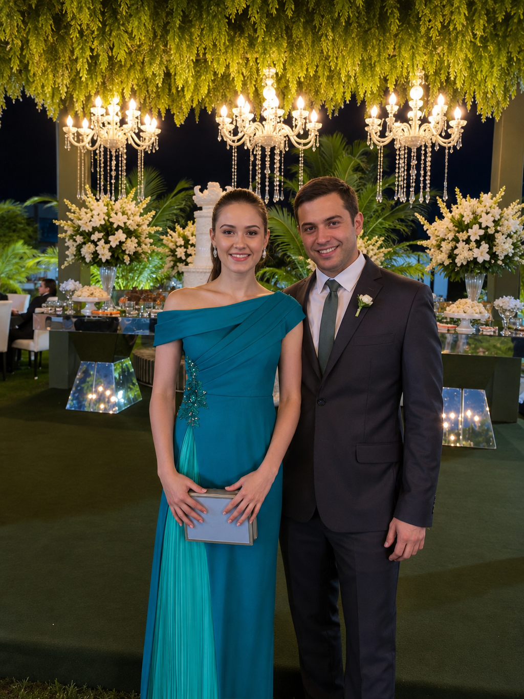Elegancka plisowana suknia wieczorowa z asymetrycznym dekoltem i trenem