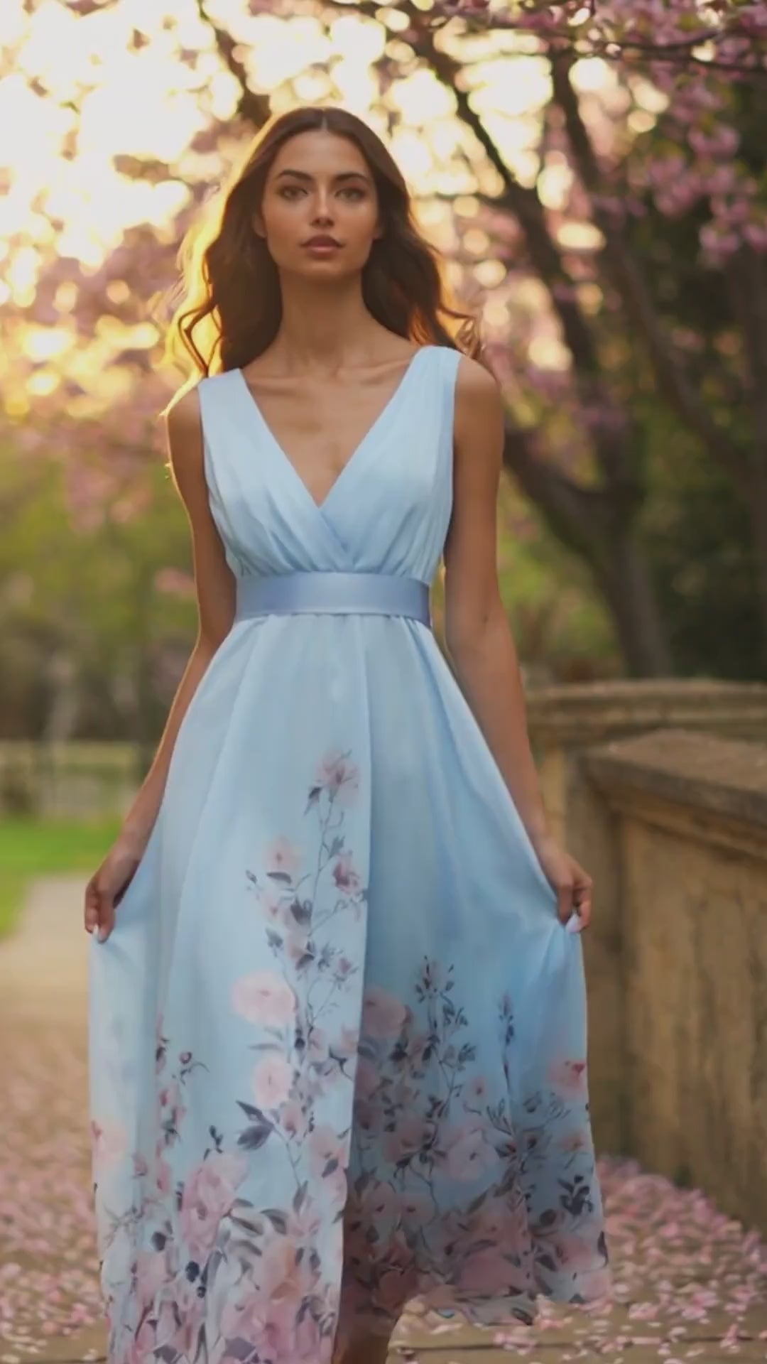 Jasnoniebieska sukienka maxi w kwiaty z dekoltem w serek