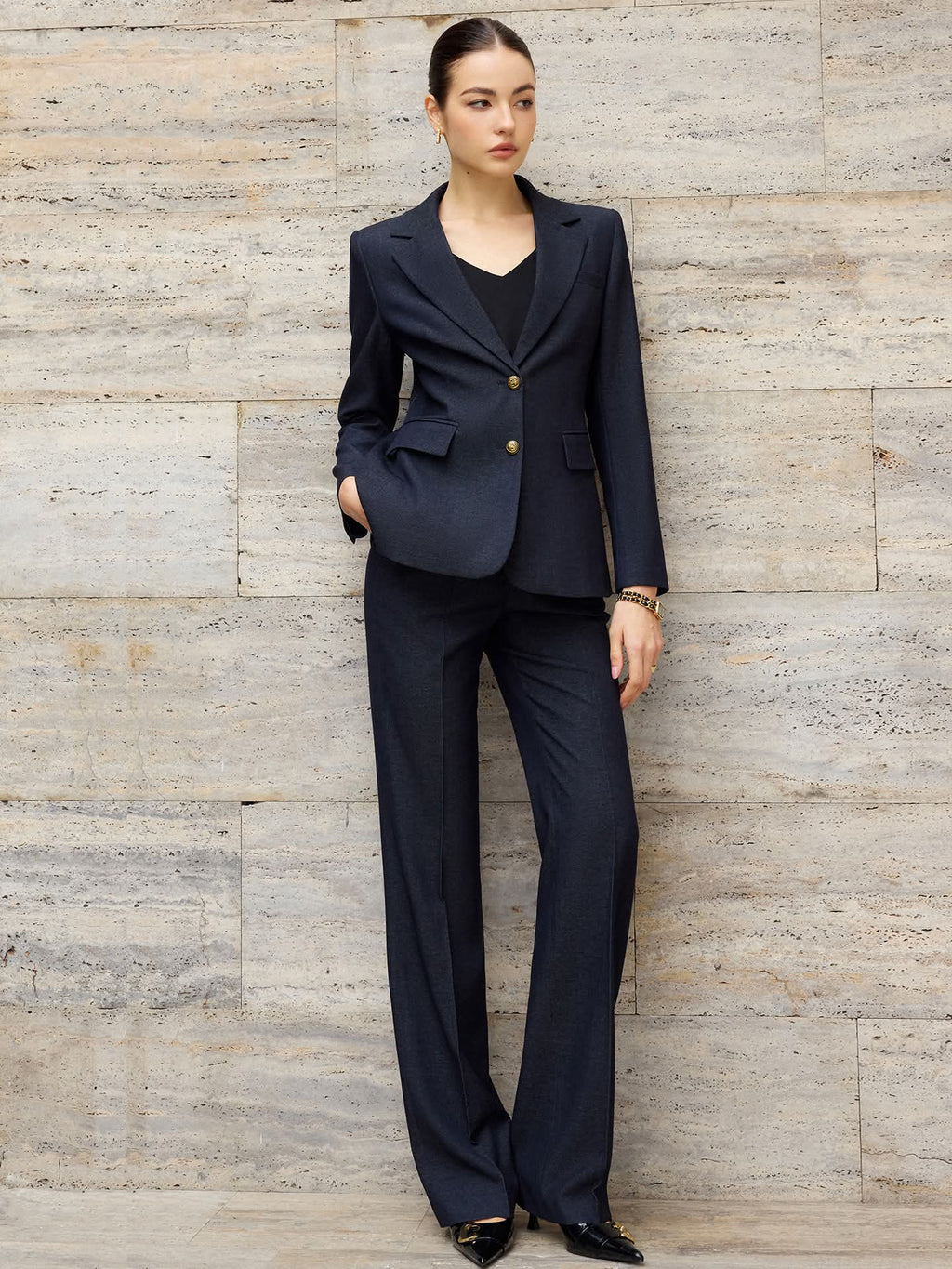 Navy wide-leg pantsuit - metallic buttons