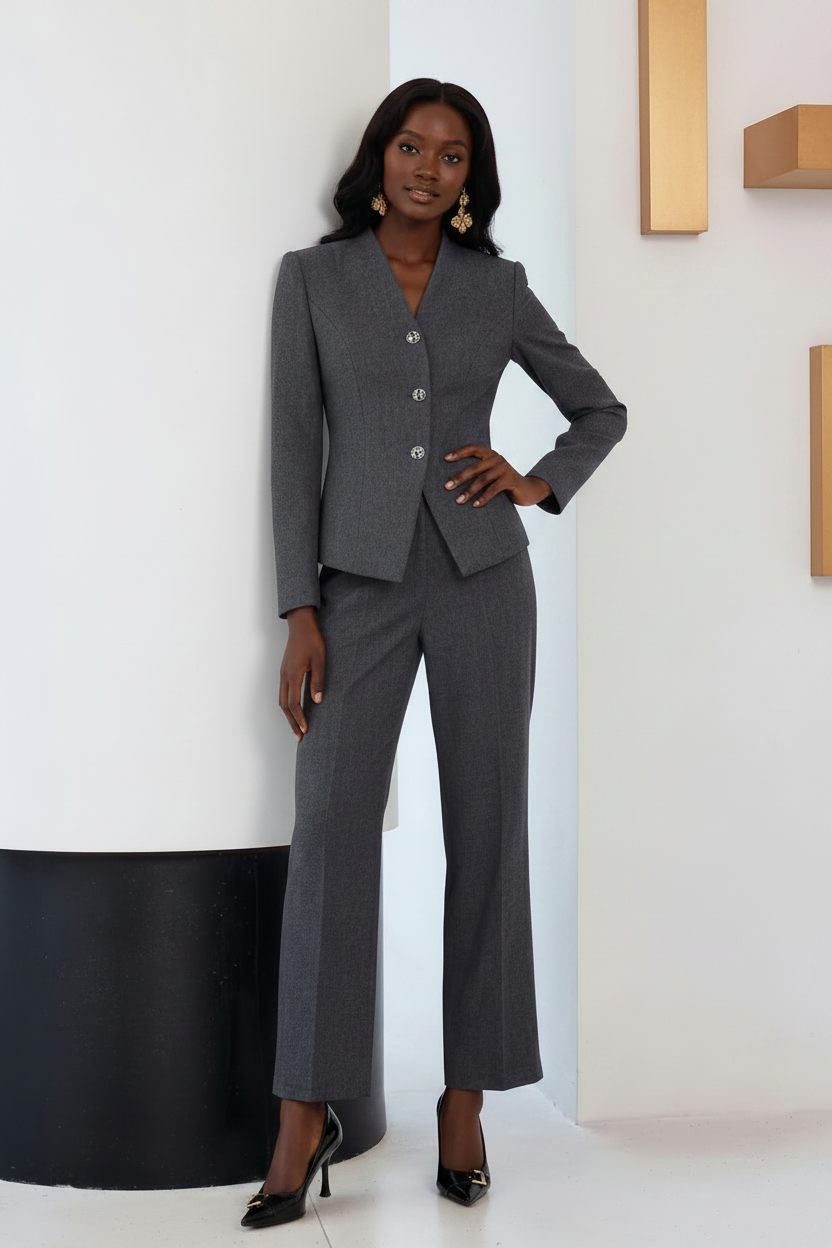 Charcaol grey collarless pantsuit