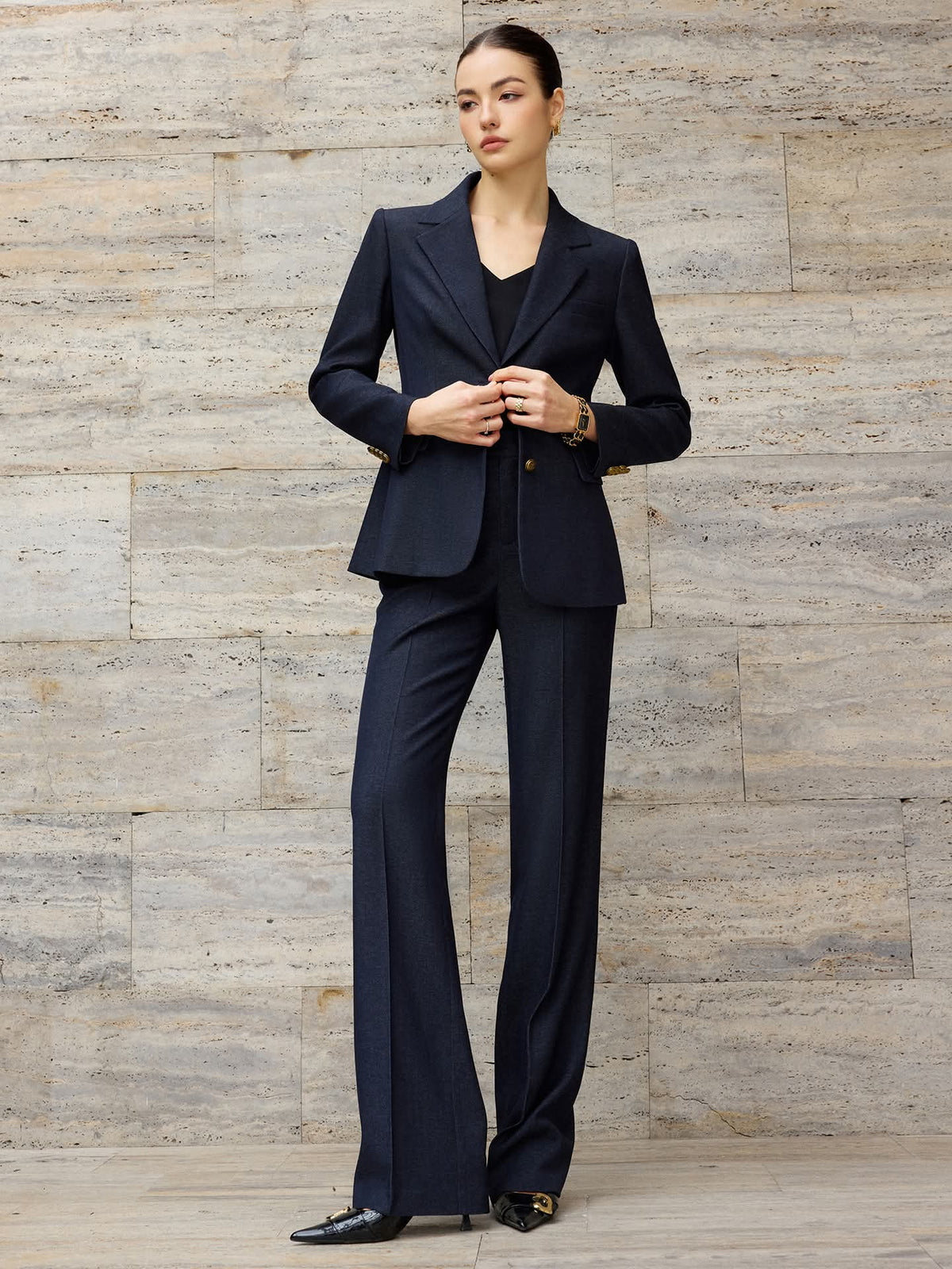 Navy wide-leg pantsuit - metallic buttons