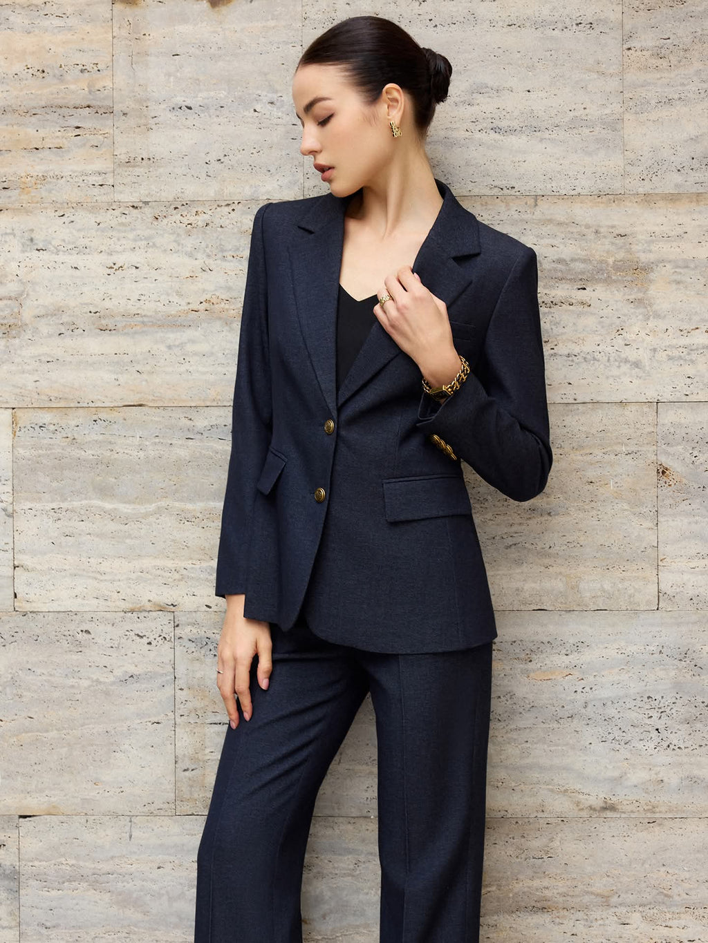 Navy wide-leg pantsuit - metallic buttons