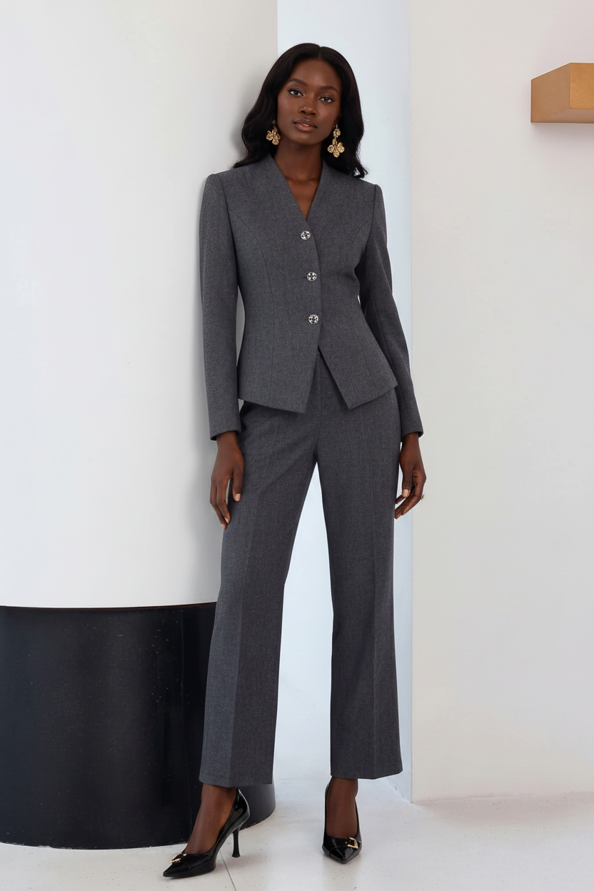 Charcaol grey collarless pantsuit