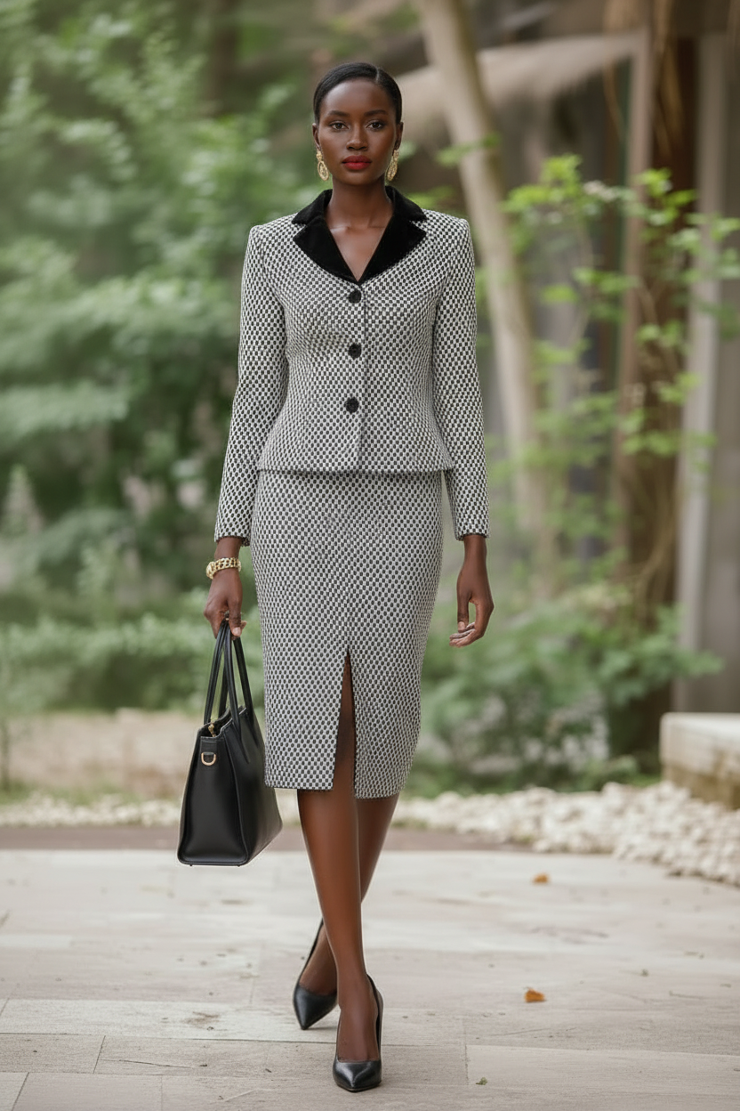 Timeless Contrast Houndstooth Tweed Skirt Suit