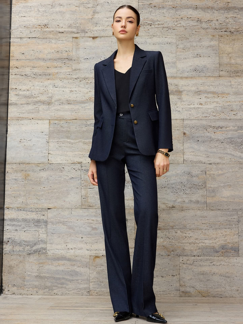 Navy wide-leg pantsuit - metallic buttons