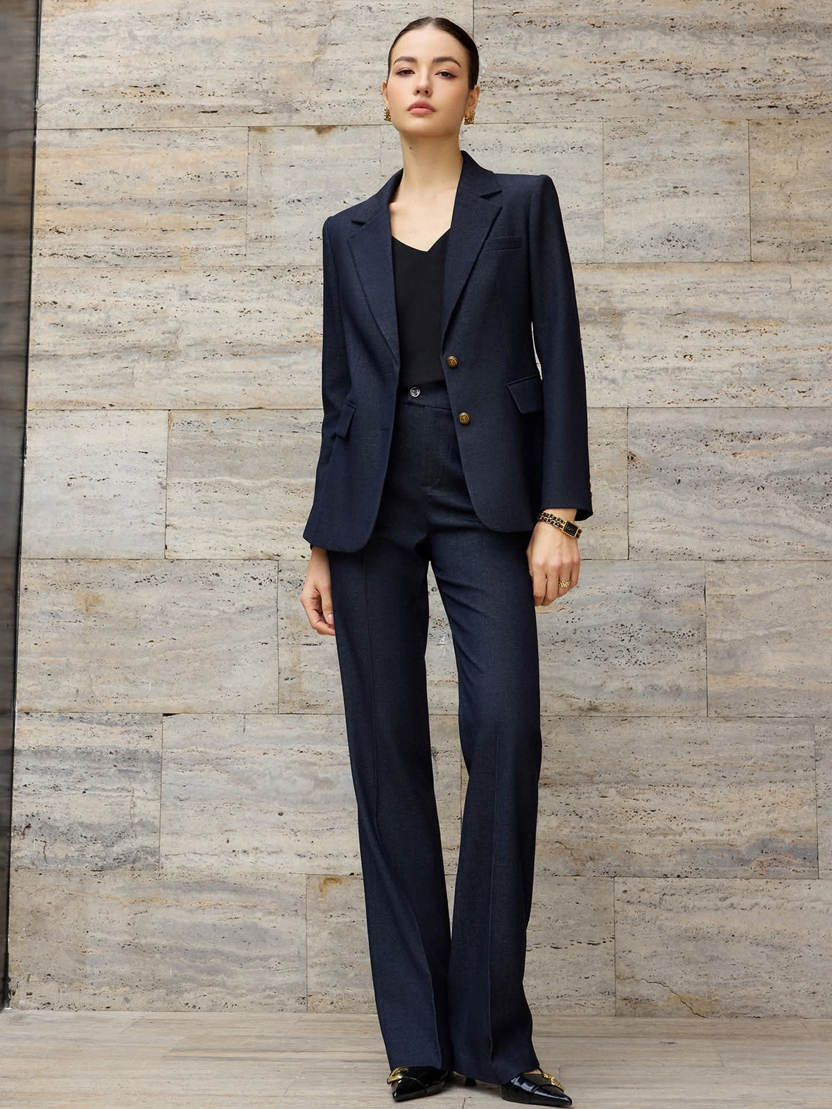 Navy wide-leg pantsuit - metallic buttons